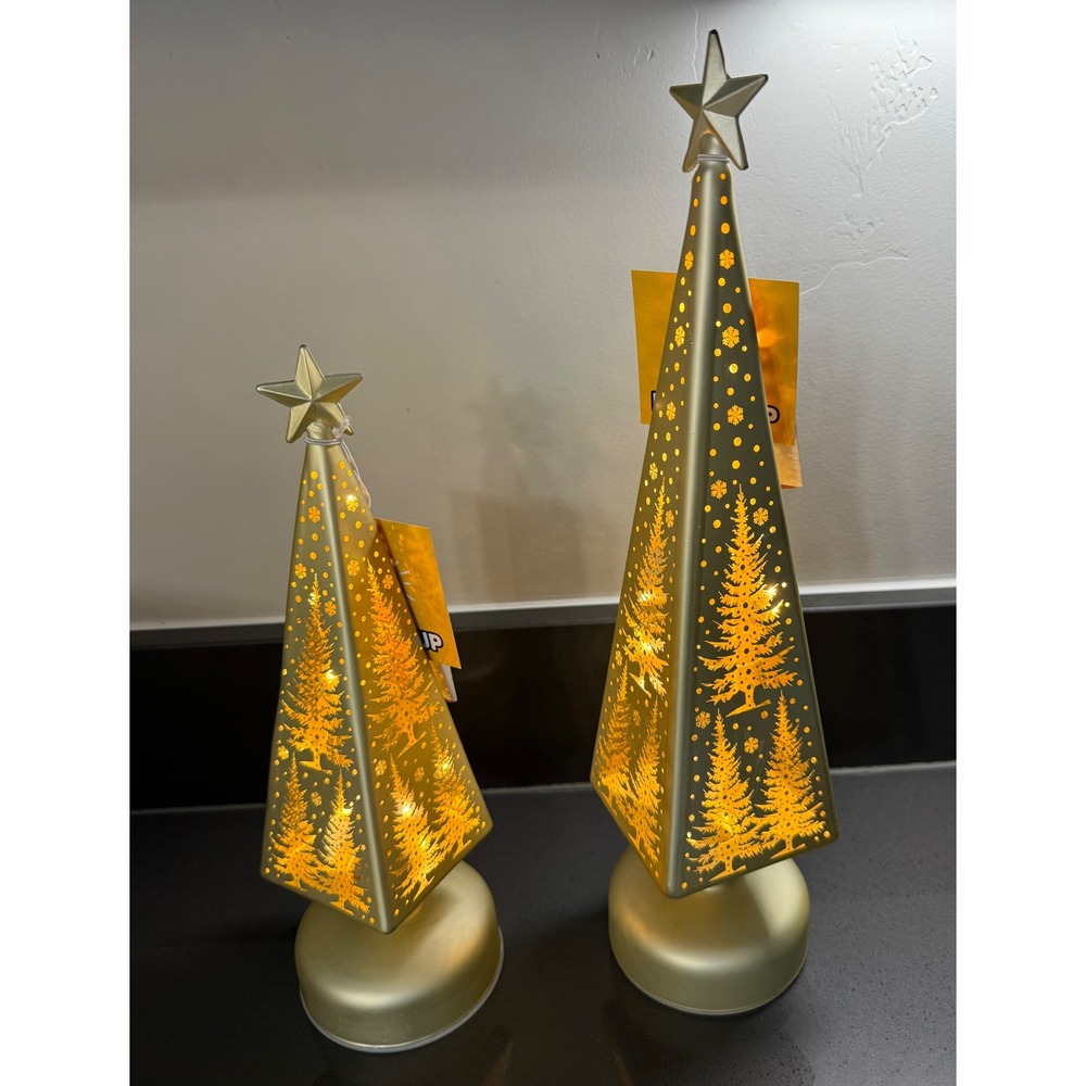 Gerson Gold Laser Etched Glass Lighted Christmas Tree Set 14.5" & 11" with Timer
